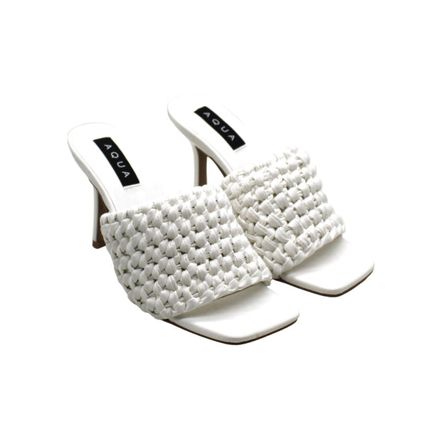 Aqua Womens White Padded Woven Katy Square Toe Stiletto Slip on Heeled Sandals