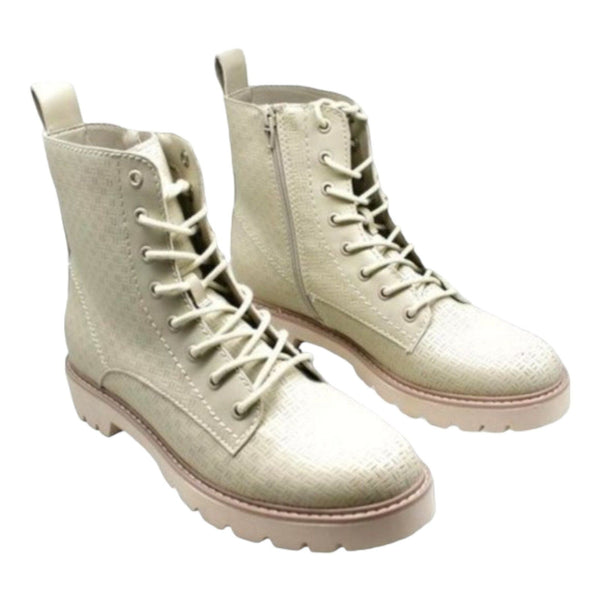 Dolce Vita Womens Beige 1 Platform Lace-up Front Heel Pull-Tab Lug Sole Padded Piker Round Toe Block Heel Zip-up Combat Boots