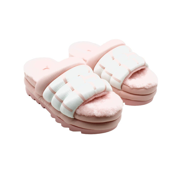 UGG Women's Maxi Slide Logo Sheepskin Sandals in Pink Scallop, Size